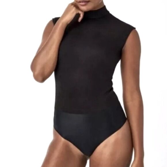 SPANX Black Mock Neck Suede Bodysuit - Picture 1 of 7